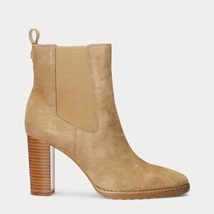 NIB Lauren Ralph Lauren Mylah Suede Bootie 9 Camel Brown Stacked Heel Ankle